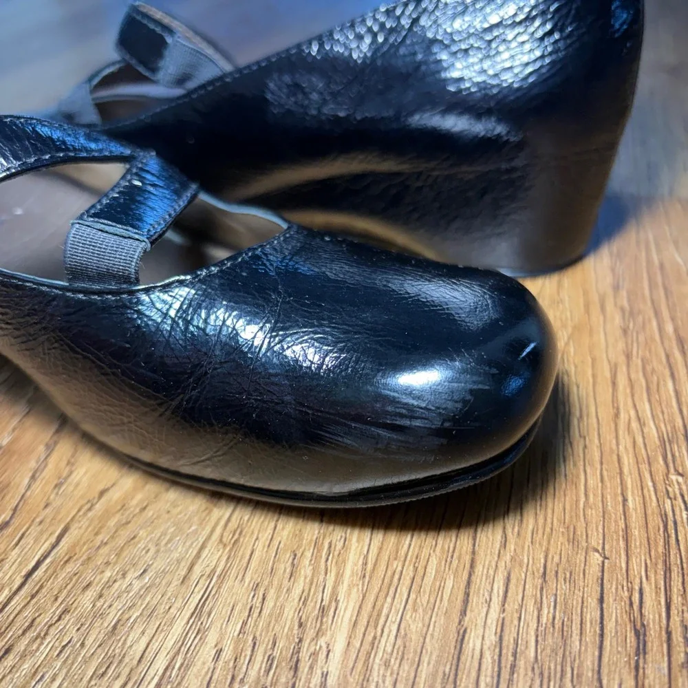 Josef Seibel Black Patent Leather Crisscross Mary Jane Wedge Shoes US 7.5 /EU 38